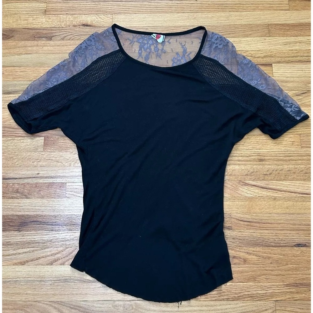 Free People T-Shirt Women's S Black Mesh Floral Round Neck Short‎ Sleeve Viscose